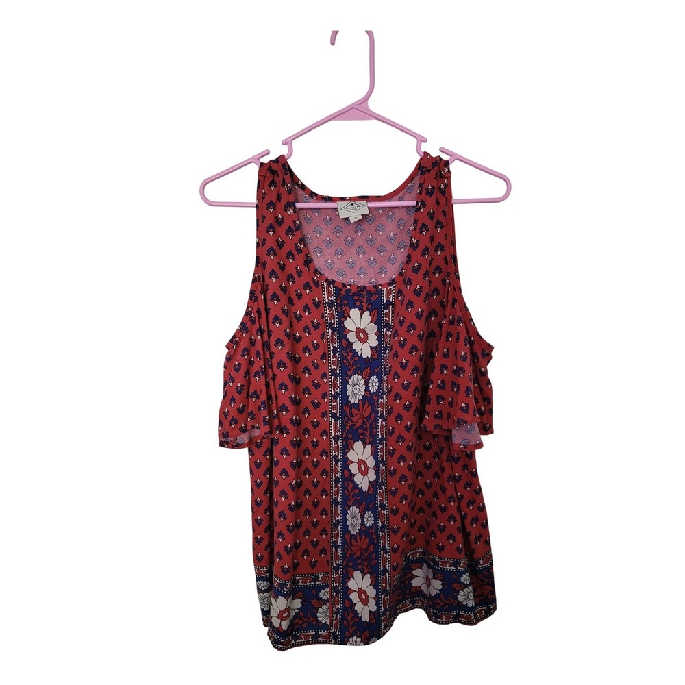 St John's Bay Cold Shoulder Top Women S Red Floral Boho Rayon Blouse